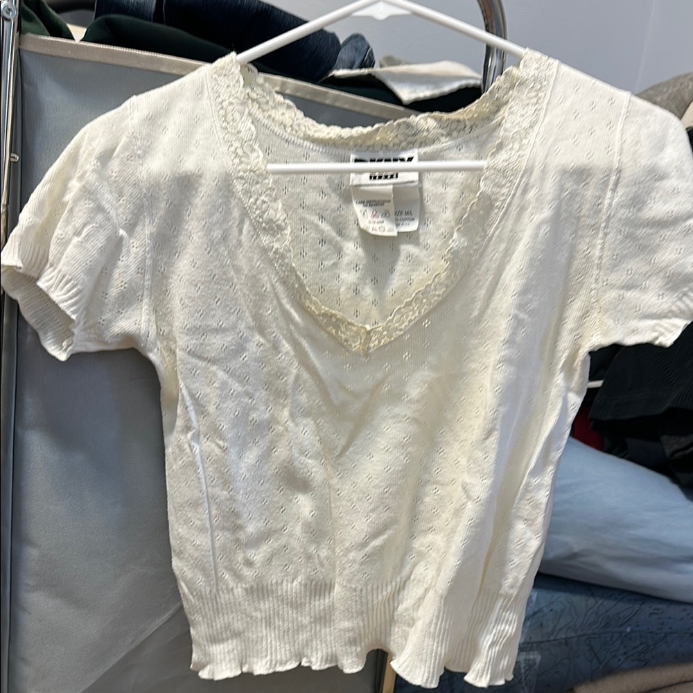 DKNY White Fitted Ribbed Short Sleeve Blouse